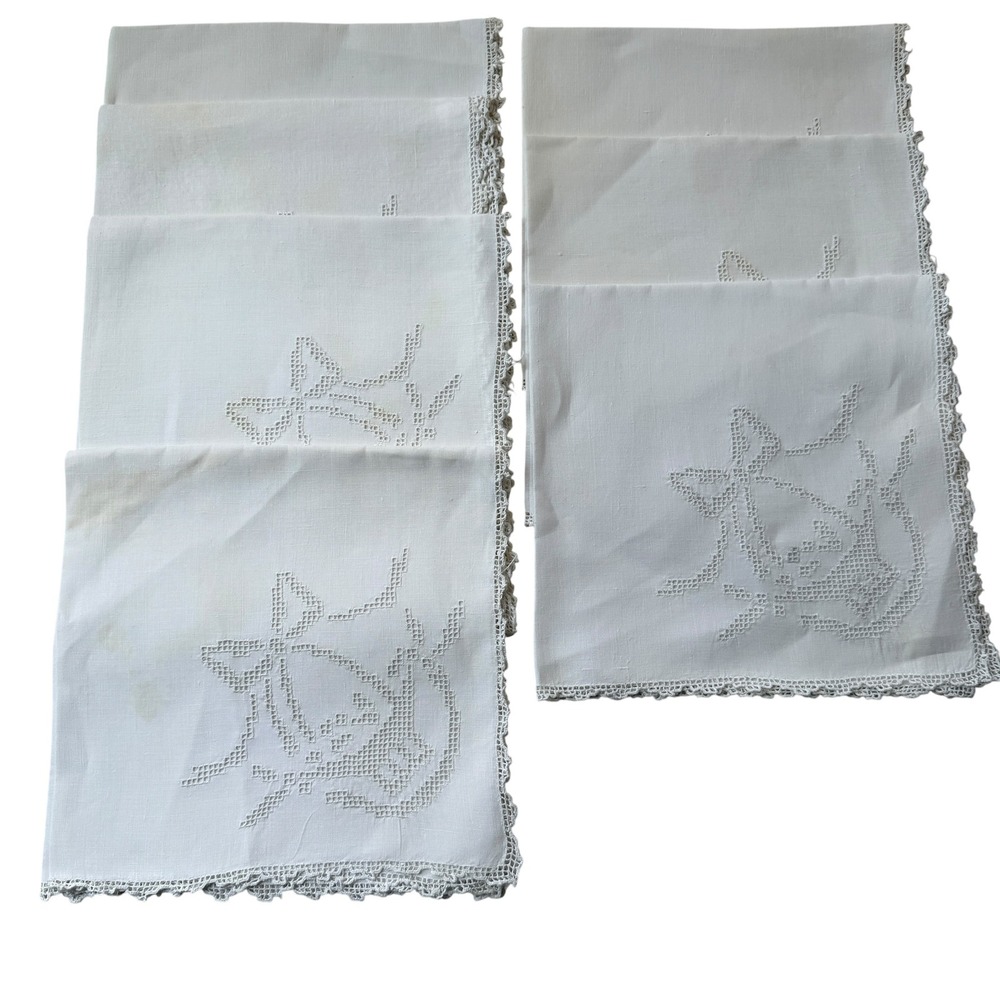 Vintage White Linen Napkins Set of 7 Floral Basket Embroidery Crochet Lace Trim